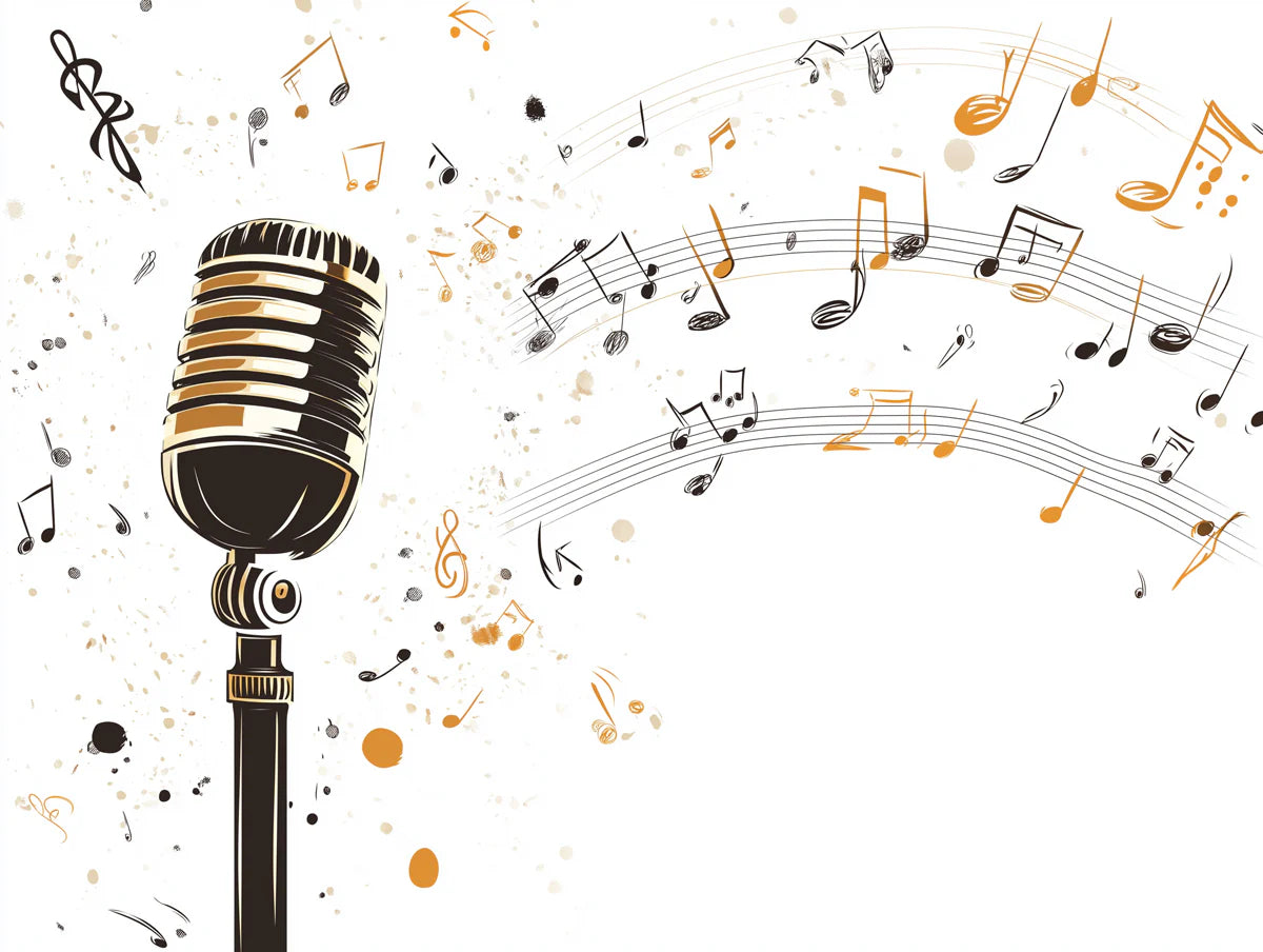Vintage Microphone & Musical Notes Mural Wallpaper — Artistic Sound Mural Wallpaper - room preview 02