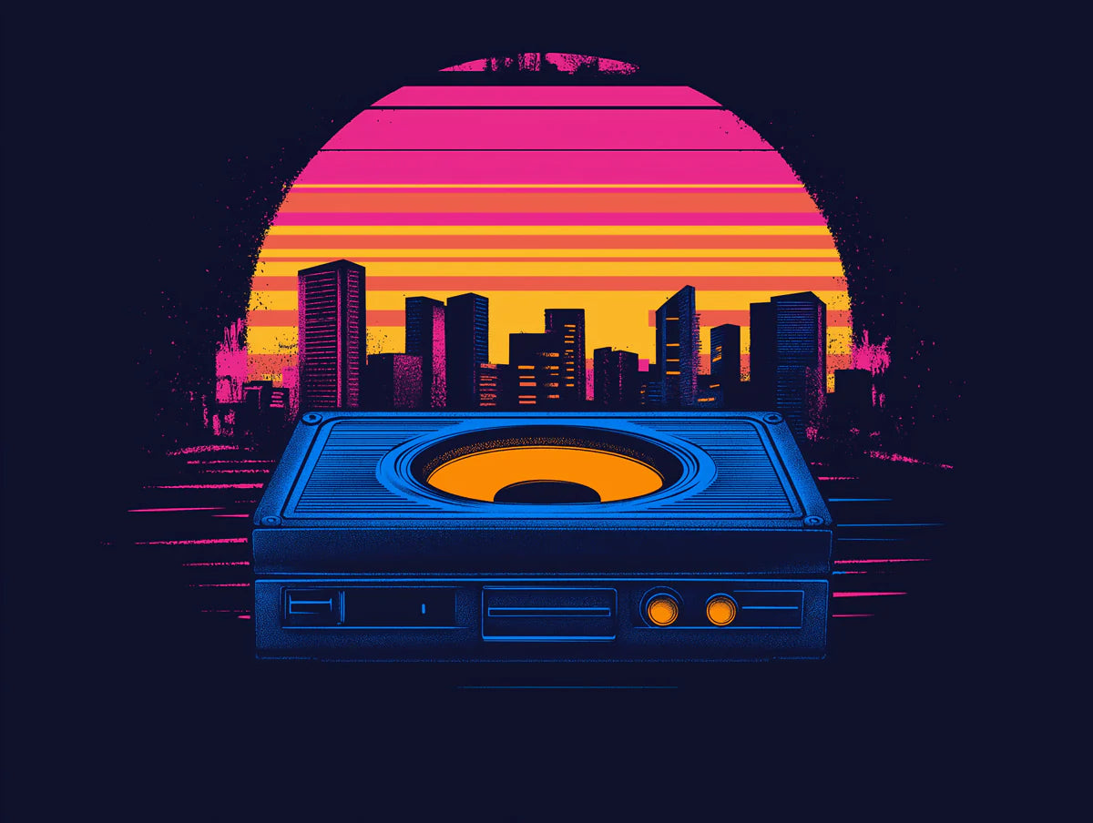 Retro Audio Cityscape Mural Wallpaper — Synthwave Neon Horizon Mural Wallpaper - room preview 02