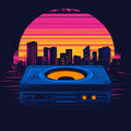 Retro Audio Cityscape Mural Wallpaper — Synthwave Neon Horizon Mural Wallpaper - room preview 02