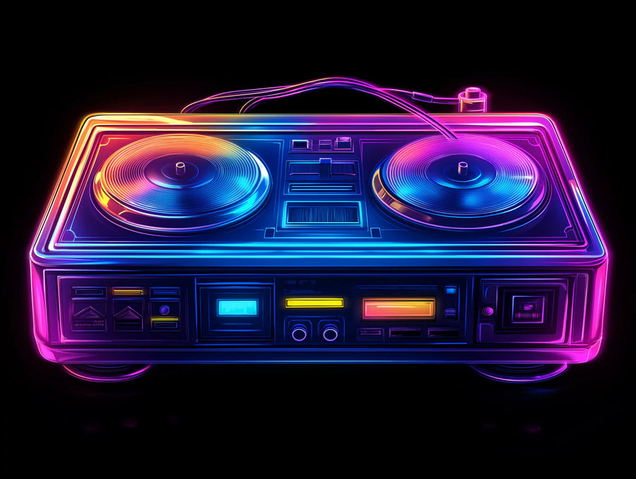 Neon-DJ-Plattenspieler-Wandbild — Retro-Soundscape-Wandbild printable artwork