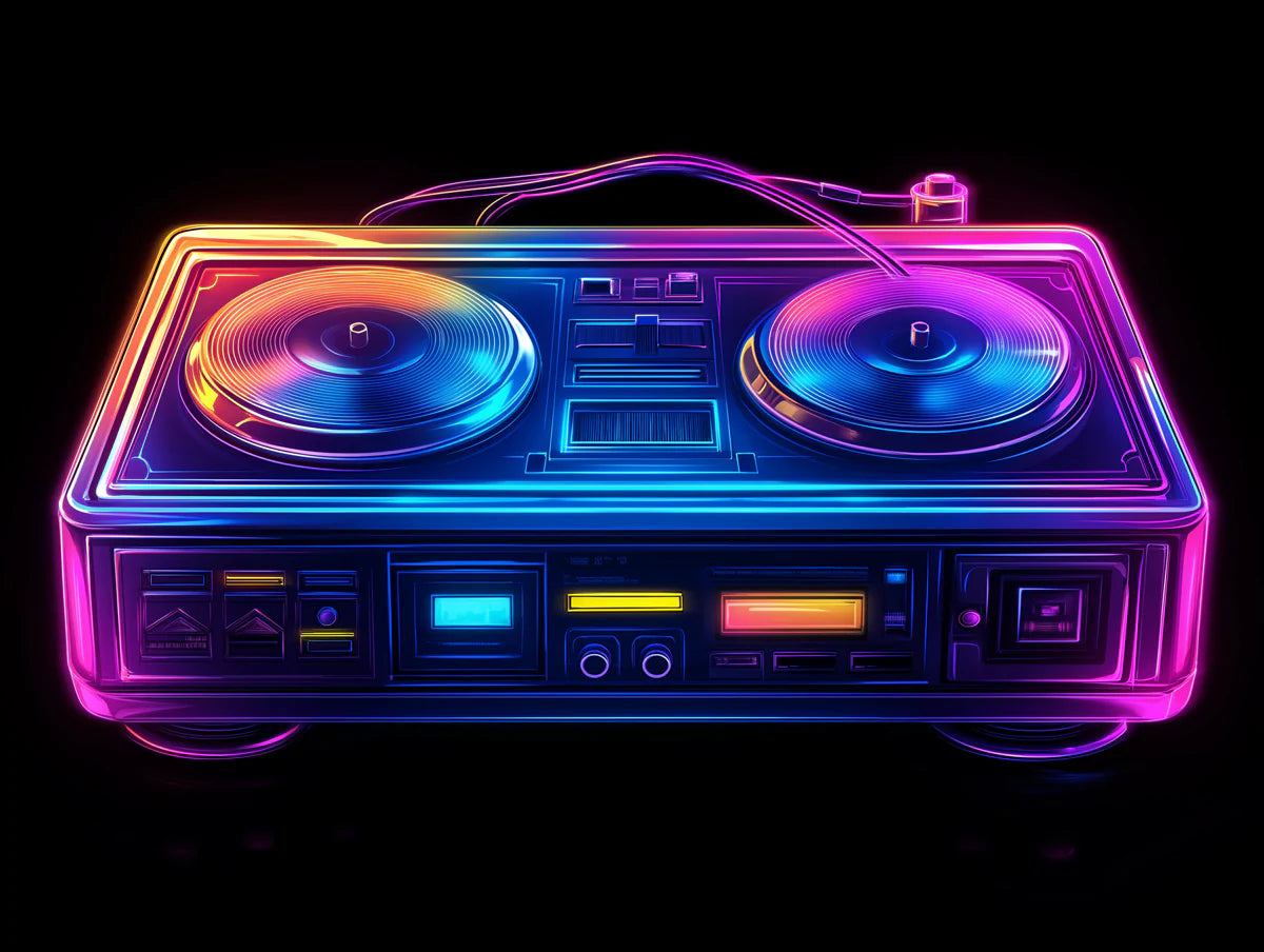 Neon DJ Turntable Mural Wallpaper — Retro Soundscape Art Mural Wallpaper - room preview 02