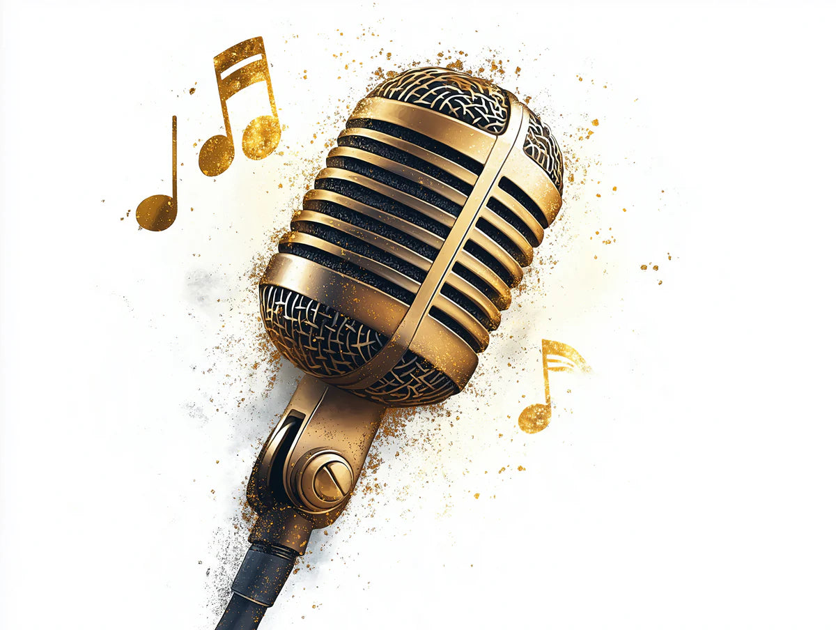 Vintage Golden Microphone Mural Wallpaper — Musical Art Deco Style Mural Wallpaper - room preview 02