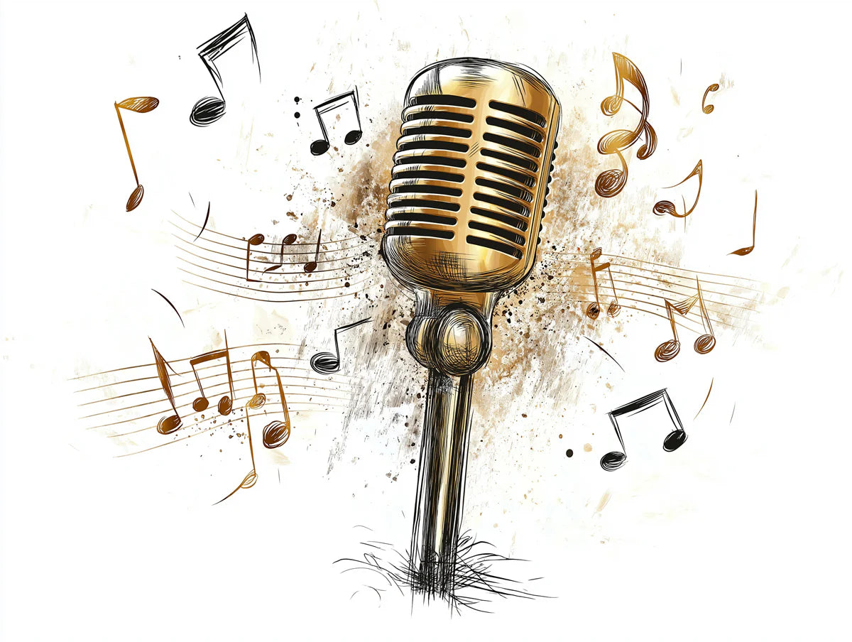 Vintage Microphone Sketch Mural Wallpaper — Artistic Music Theme Mural Wallpaper - room preview 02