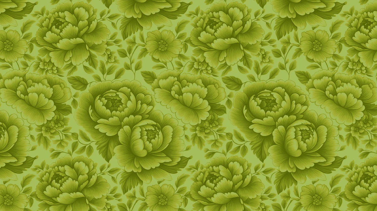 Monochromatic Lime Peony Mural Wallpaper — Botanical Art Mural Wallpaper - room preview 02