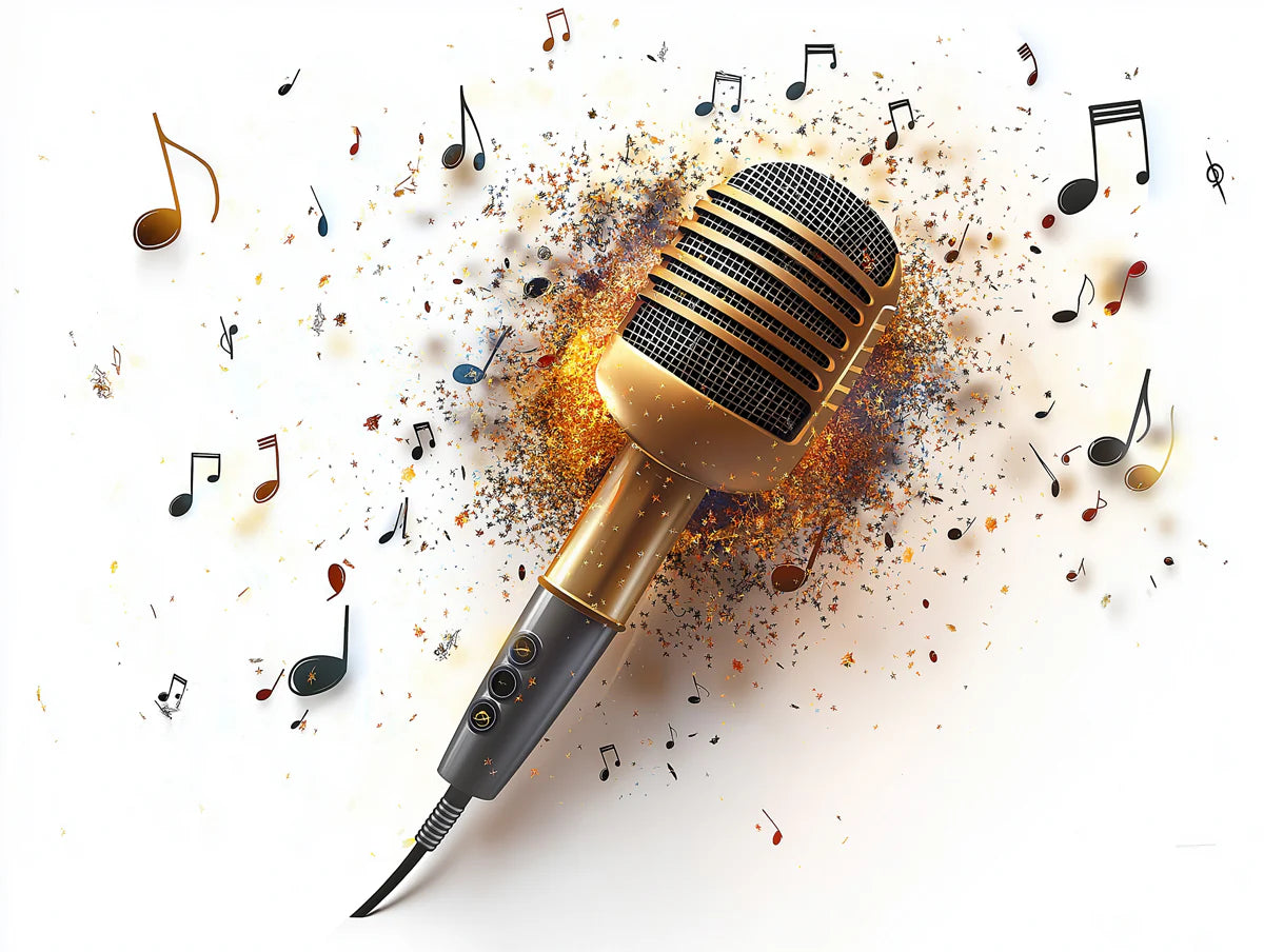 Golden Microphone Music Mural Wallpaper — Dynamic Audio Art Mural Wallpaper - room preview 02