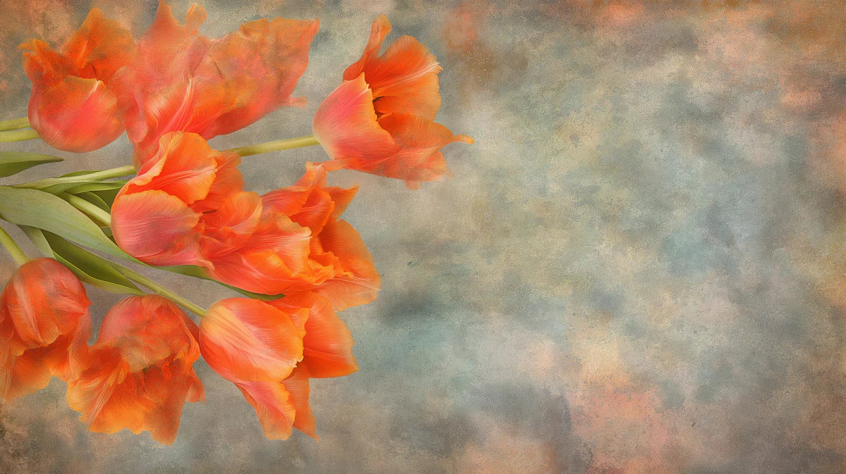 Vibrant Orange Tulip Floral Mural Wallpaper — Artistic Oil Style Mural Wallpaper - room preview 02
