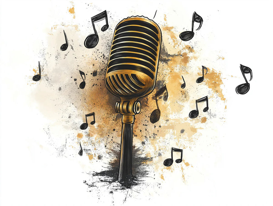 Vintage Wallpaper Mural – Retro Wall Mural – Vintage Microphone Musical — Artistic Ink Sketch printable artwork