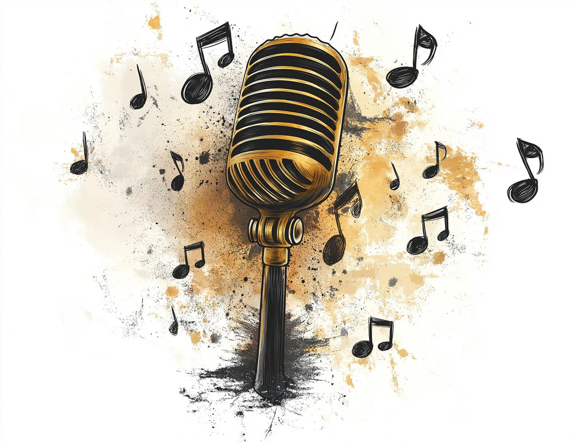 Vintage Microphone Musical Mural Wallpaper — Artistic Ink Sketch Mural Wallpaper - room preview 02