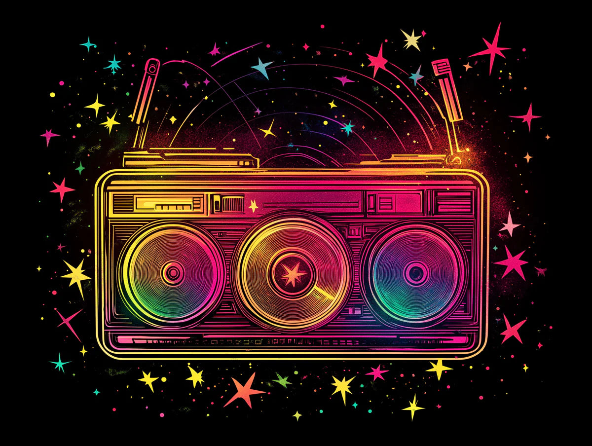 Neon Boombox Cosmic Mural Wallpaper —Retro 80s Style Mural Wallpaper - room preview 02