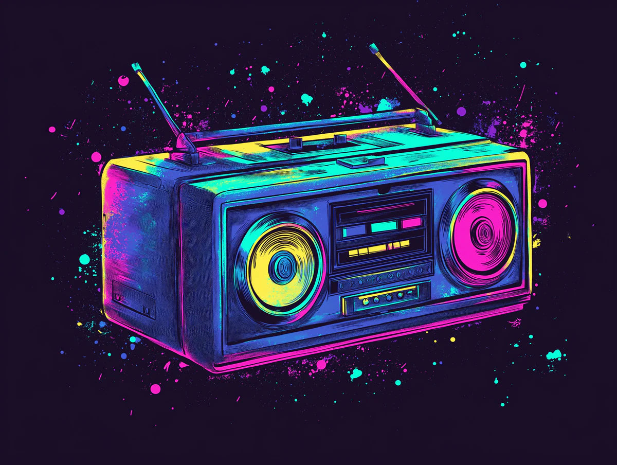 Neon Vaporwave Boombox Mural Wallpaper — Retro Street Art Style Mural Wallpaper - room preview 02