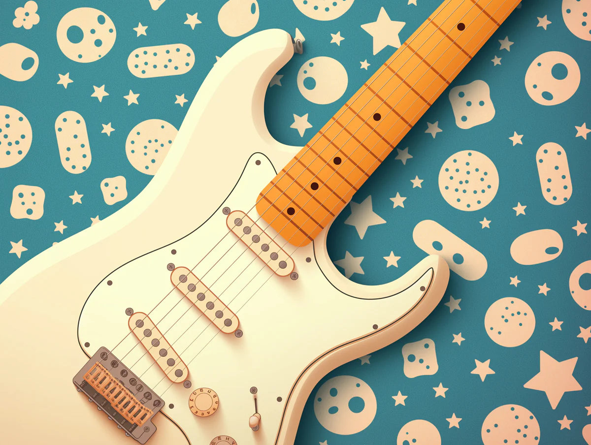 Electric Guitar & Stars Pattern Mural Wallpaper Retro Pop Music Mural Wallpaper - room preview 02
