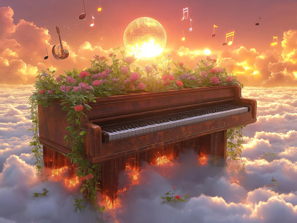 Floating Grand Piano Mural Wallpaper — Ethereal Sunset Scene Mural Wallpaper - room preview 02