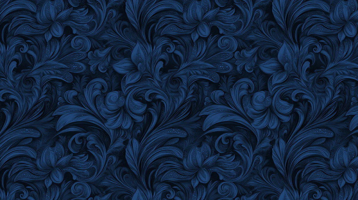 Midnight Navy Damask Mural Wallpaper — Baroque Floral Scroll Mural Wallpaper - room preview 02