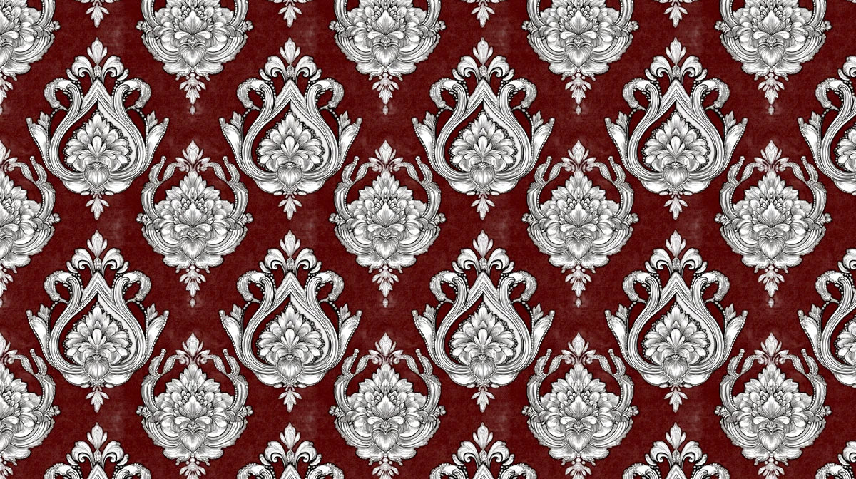 Baroque Medallion Mural Wallpaper in Deep Burgundy and Silver Mural Wallpaper - room preview 02