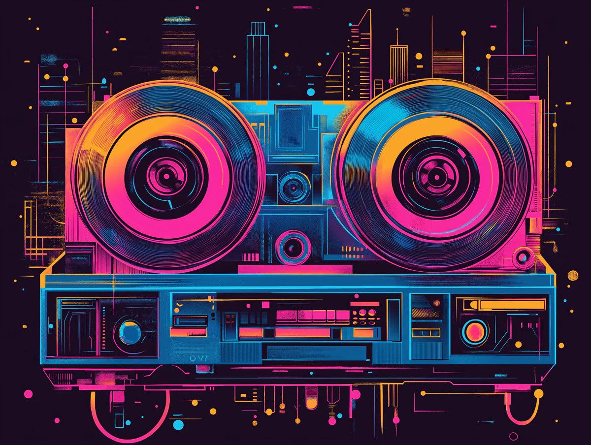 Retro Reel-to-Reel Neon Cityscape Mural Wallpaper - room preview 02