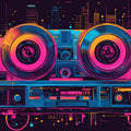 Retro Reel-to-Reel Neon Cityscape Mural Wallpaper - room preview 02
