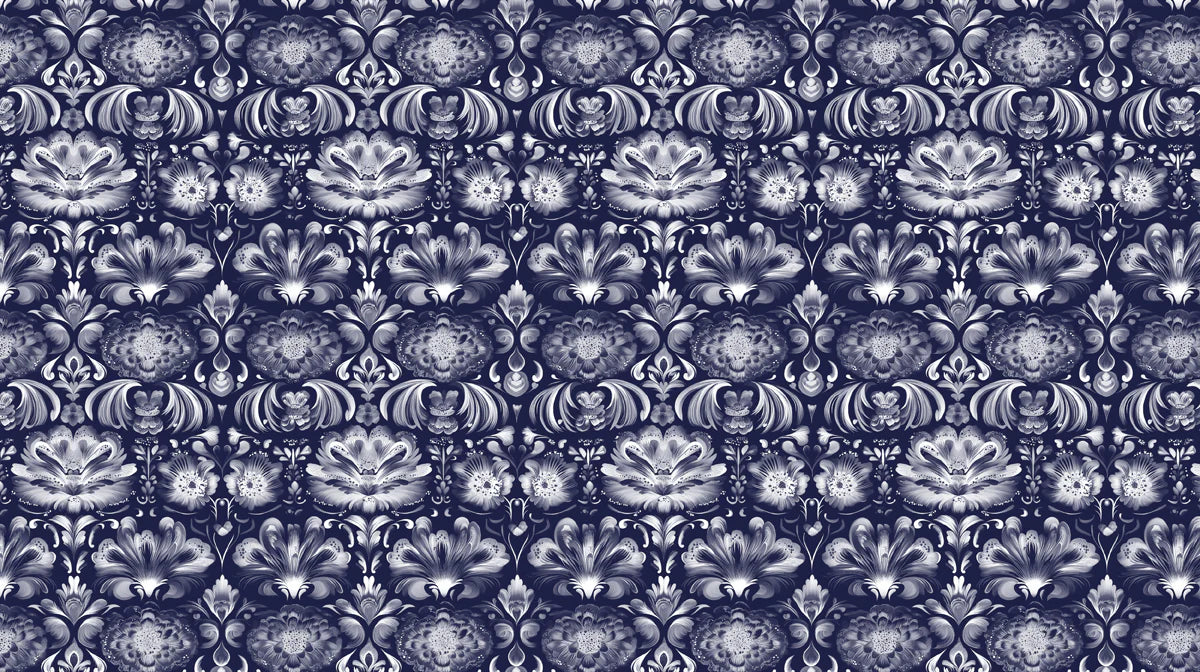 Midnight Navy Ornate Floral Damask Mural Wallpaper - room preview 02