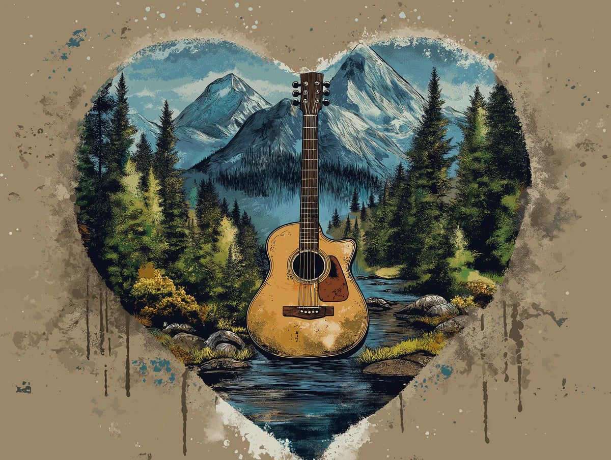 Acoustic Guitar Mountain Heart Mural Wallpaper — Artistic Wilderness Mural Wallpaper - room preview 02