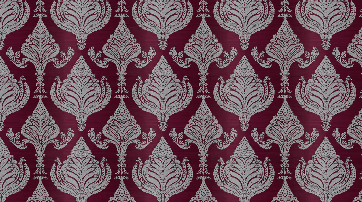 Burgundy and Silver Damask Mural Wallpaper — Regal Motif Mural Wallpaper - room preview 02