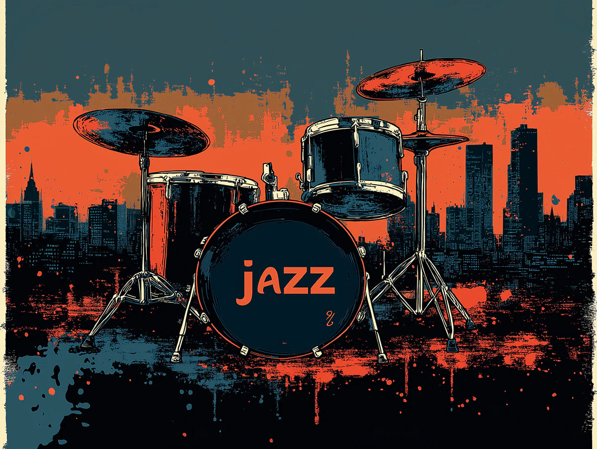 Urban Jazz Drum Kit Mural Wallpaper — Artistic City Beat Mural Wallpaper - room preview 02