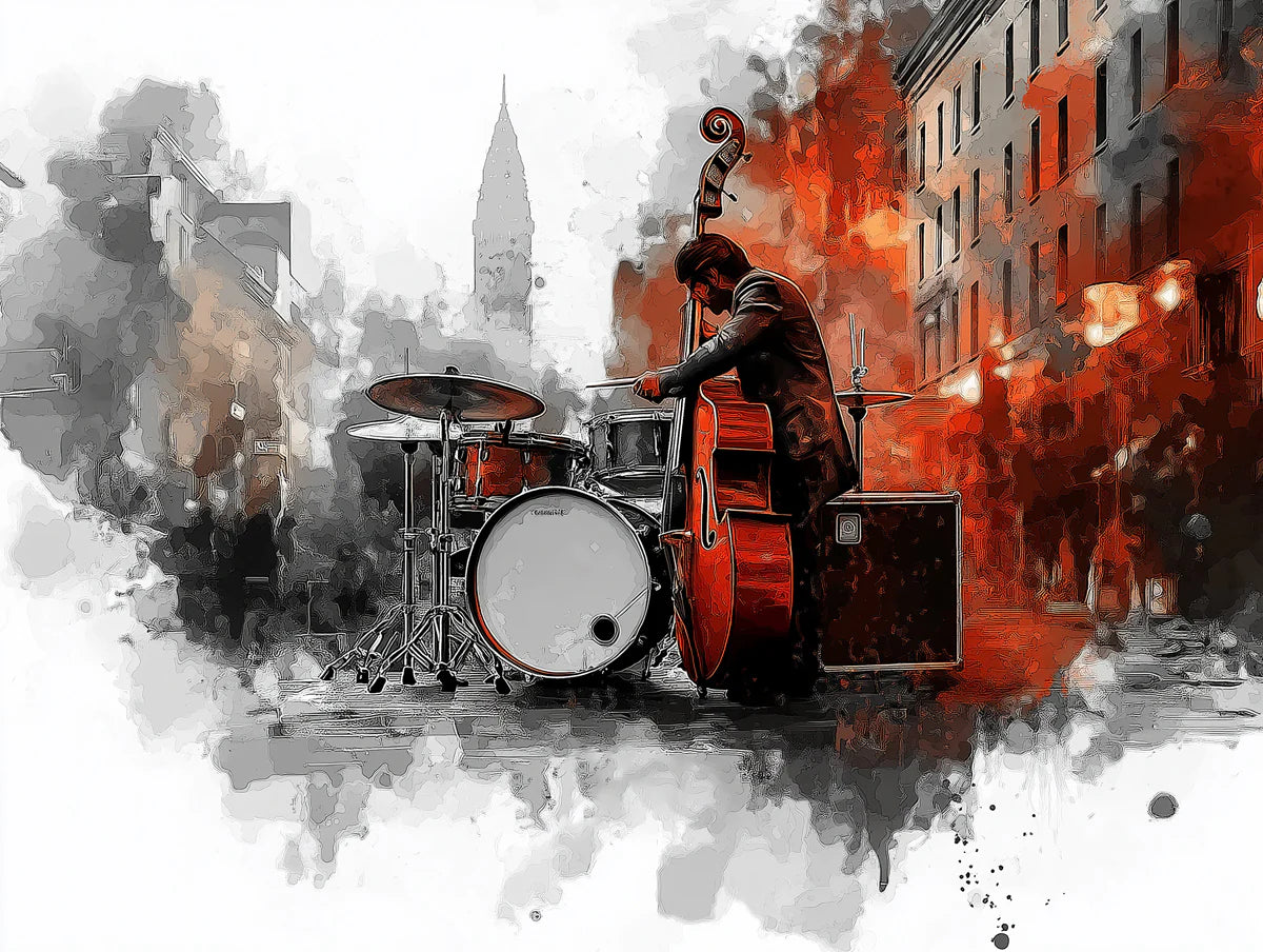 Urban Jazz Performance Mural Wallpaper — Artistic Street Scene Mural Wallpaper - room preview 02