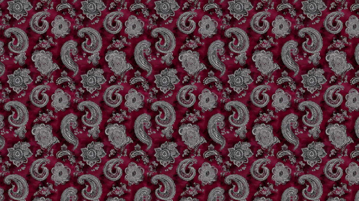 Burgundy and Silver Paisley Mural Wallpaper — Ornate Floral Art Mural Wallpaper - room preview 02