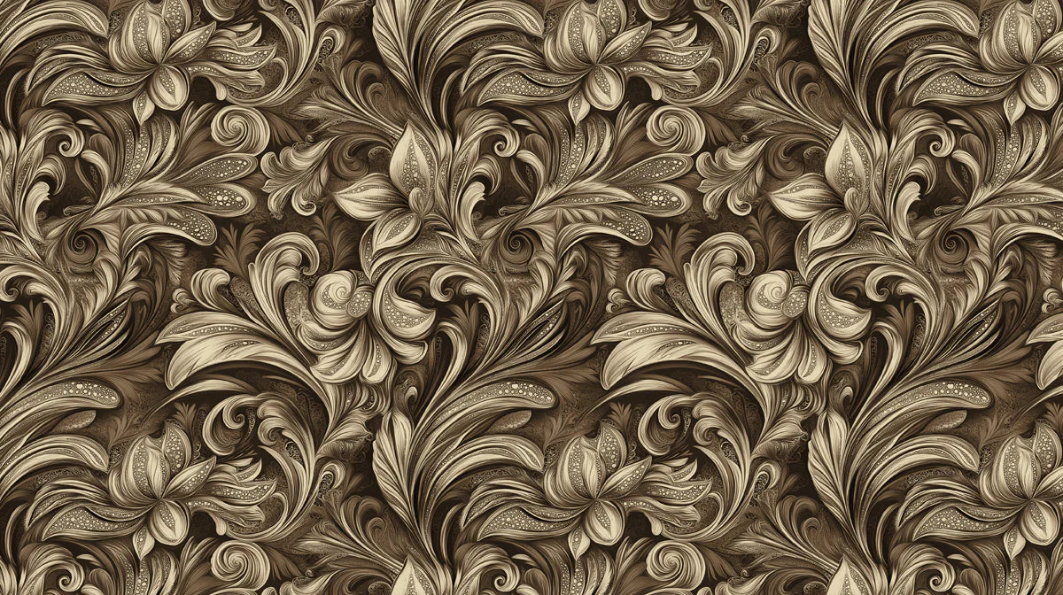 Sepia Engraved Filigree Mural Wallpaper — Vintage Floral Swirls Mural Wallpaper - room preview 02