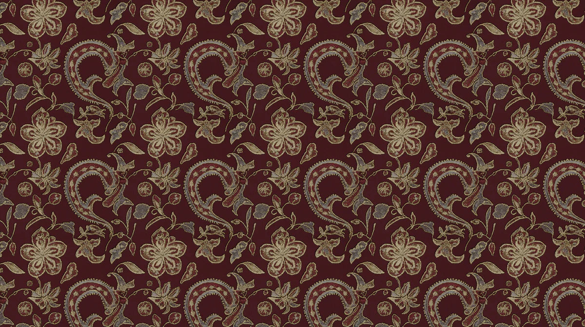 Batik Paisley Floral Mural Wallpaper — Artisanal Burgundy Print Mural Wallpaper - room preview 02