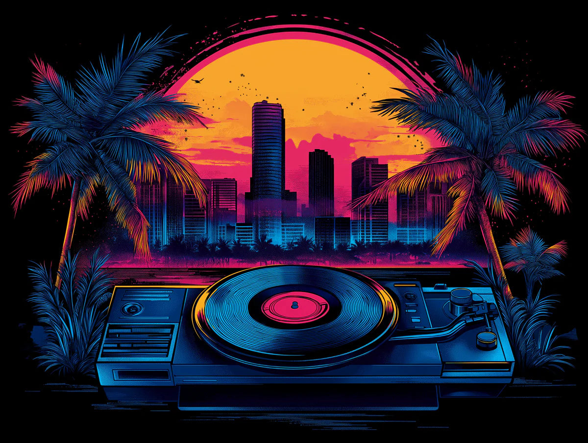 Neon Sunset Turntable Mural Wallpaper — Retro Synthwave Aesthetic Mural Wallpaper - room preview 02