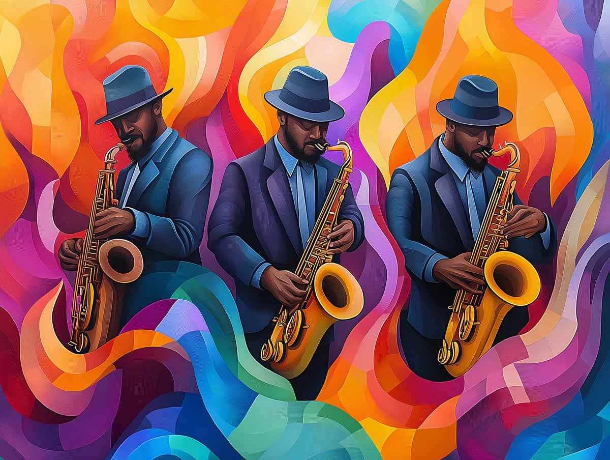 Jazz Musician Abstract Mural Wallpaper — Vibrant Rhapsody Design Mural Wallpaper - room preview 02