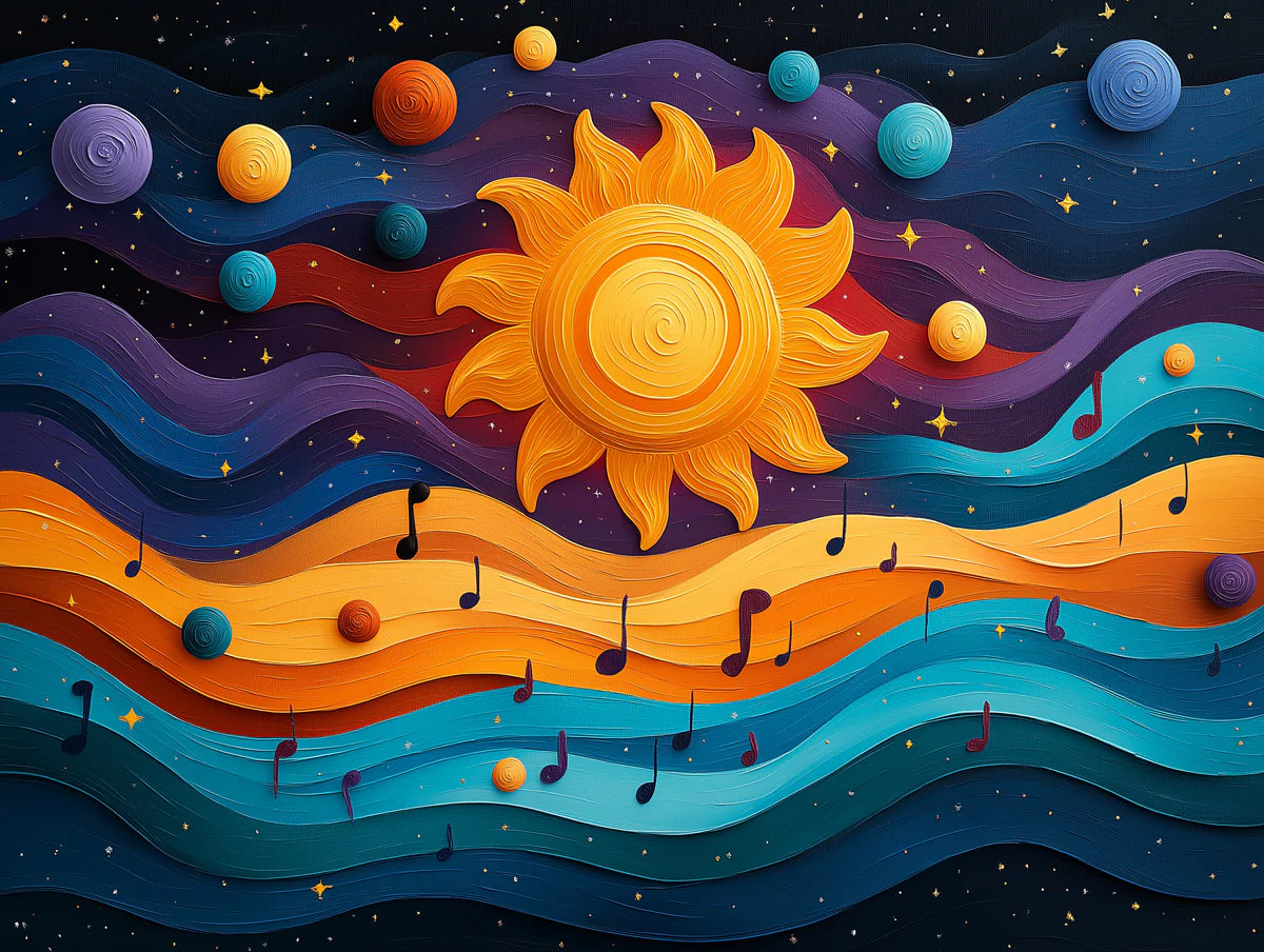 Celestial Melody Mural Wallpaper — Vibrant Abstract Sun Design Mural Wallpaper - room preview 02