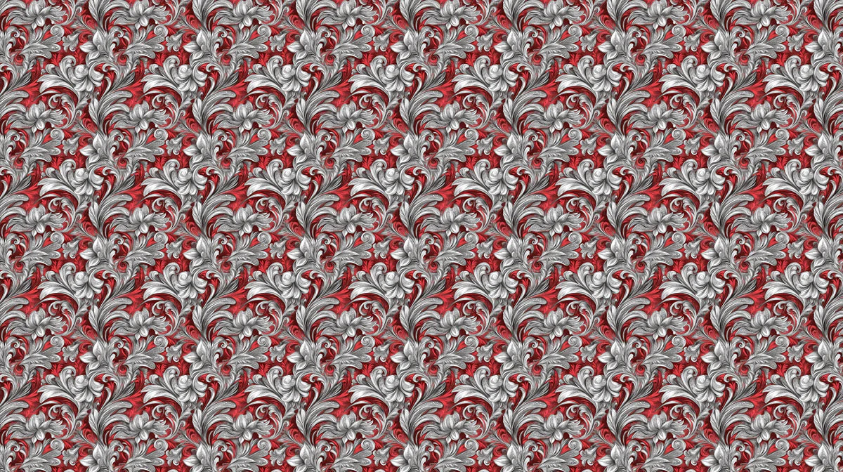 Baroque Scrollwork Mural Wallpaper — Rich Crimson and Silver Mural Wallpaper - room preview 02