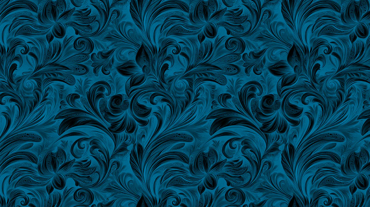 Deep Teal Floral Scroll Mural Wallpaper — Ornate Baroque Style Mural Wallpaper - room preview 02