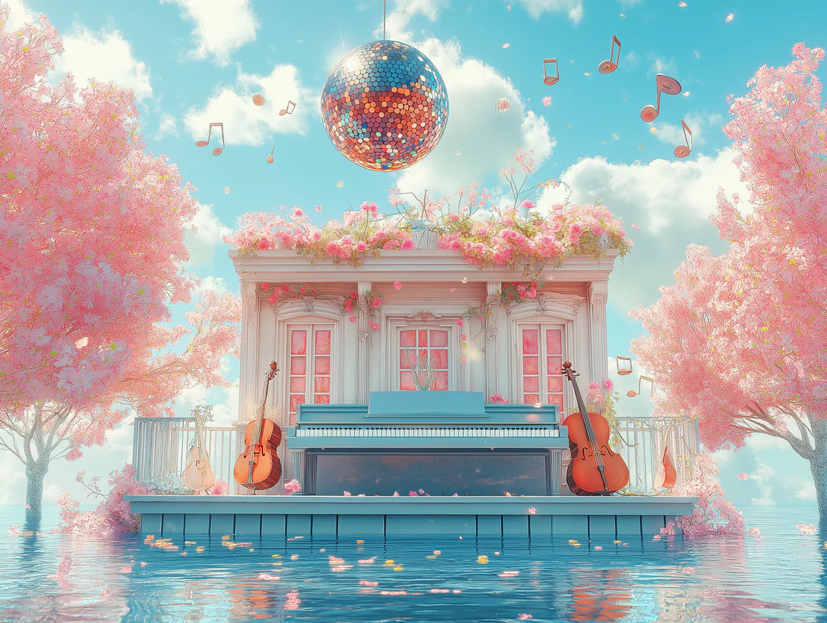 Floral Music Venue Mural Wallpaper — Whimsical Waterfront Scene Mural Wallpaper - room preview 02
