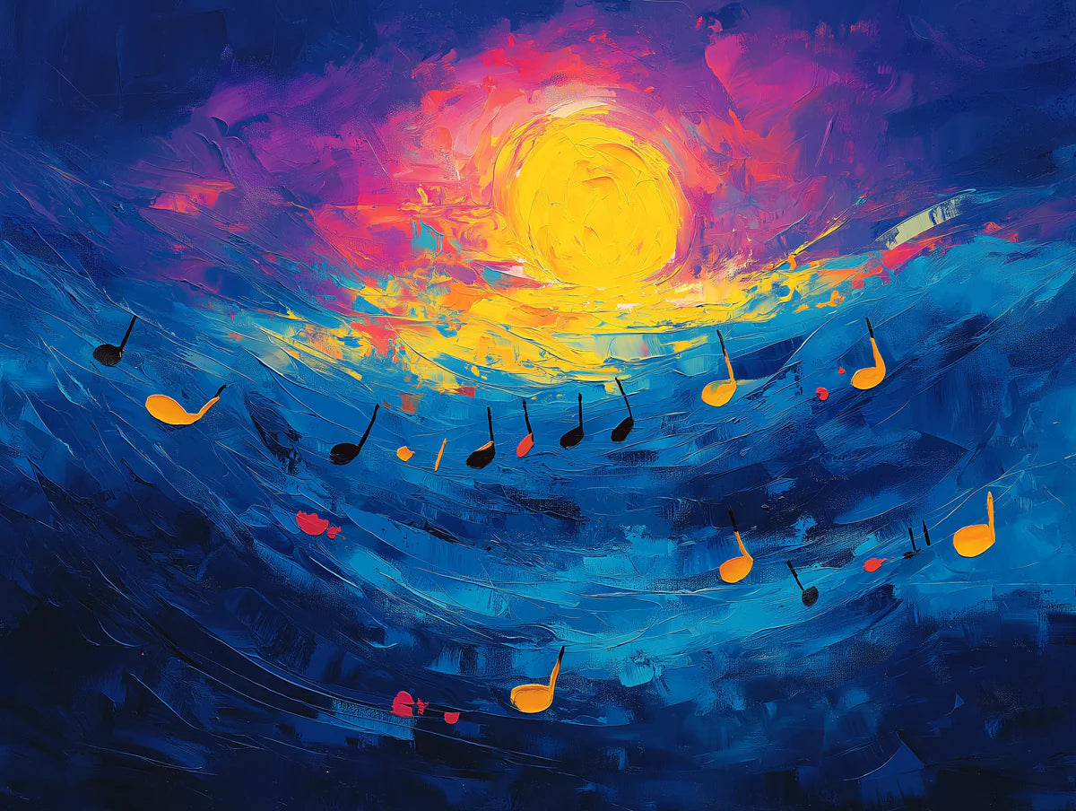 Celestial Symphony Mural Wallpaper — Expressive Sun and Note Motif Mural Wallpaper - room preview 02
