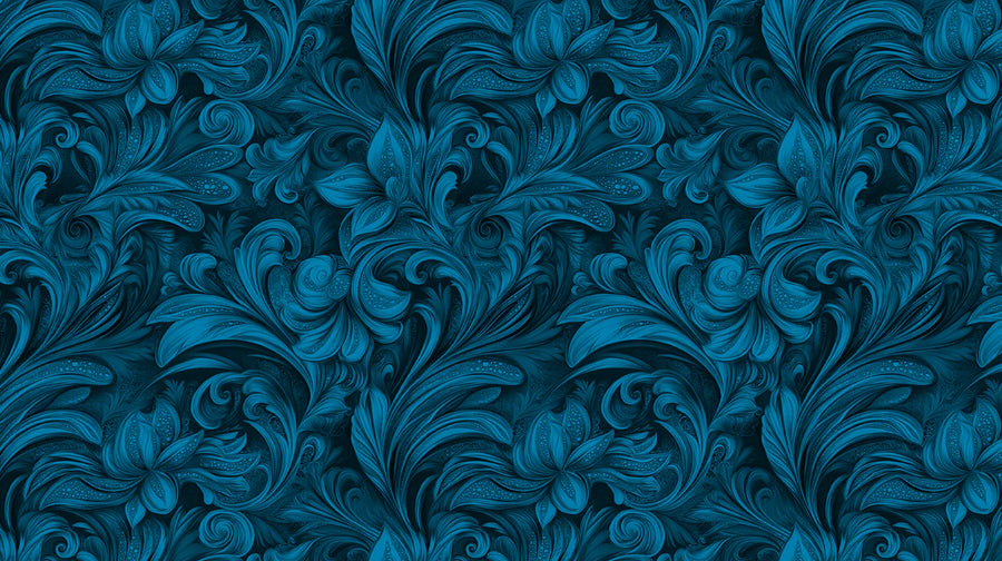 Wandtapete mit tief-türkisem, ornamentalem Rankenmuster – Barockmuster-Wandtapete printable artwork