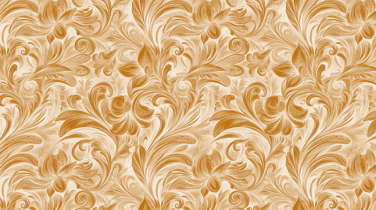 Golden Floral Scroll Mural Wallpaper — Traditional Ochre Design Mural Wallpaper - room preview 02