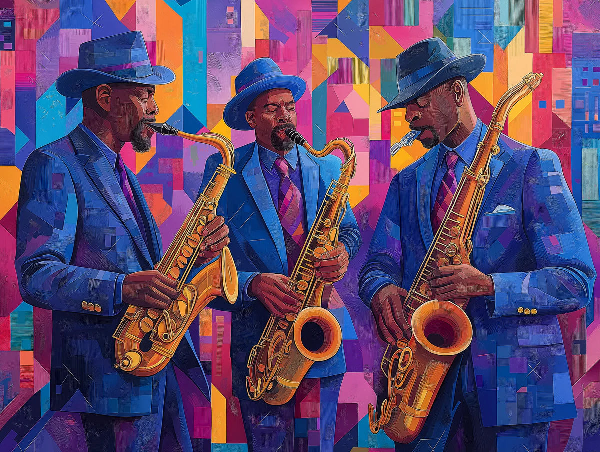 Jazz Trio Abstract Mural Wallpaper — Vibrant Rhythmic Art Mural Wallpaper - room preview 02