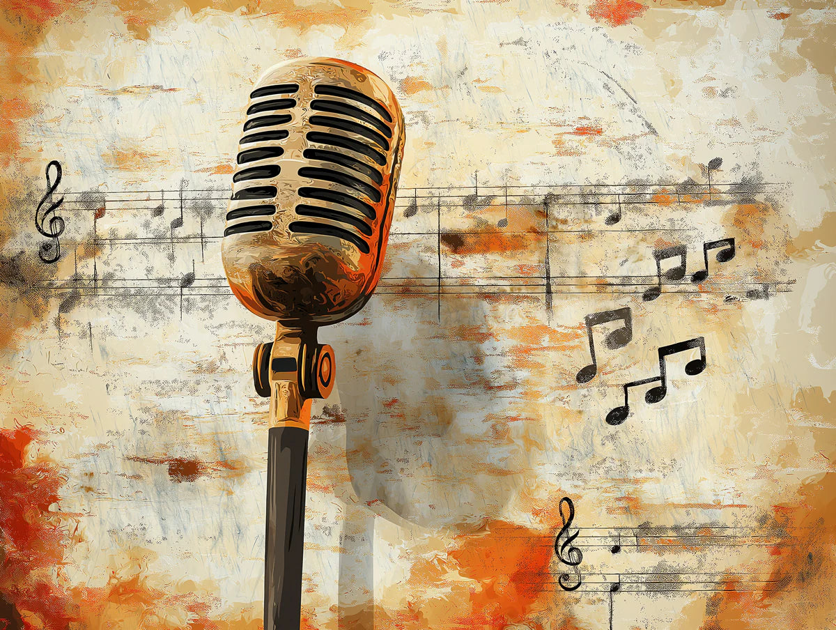 Vintage Studio Microphone Mural Wallpaper — Musical Art Aesthetic Mural Wallpaper - room preview 02