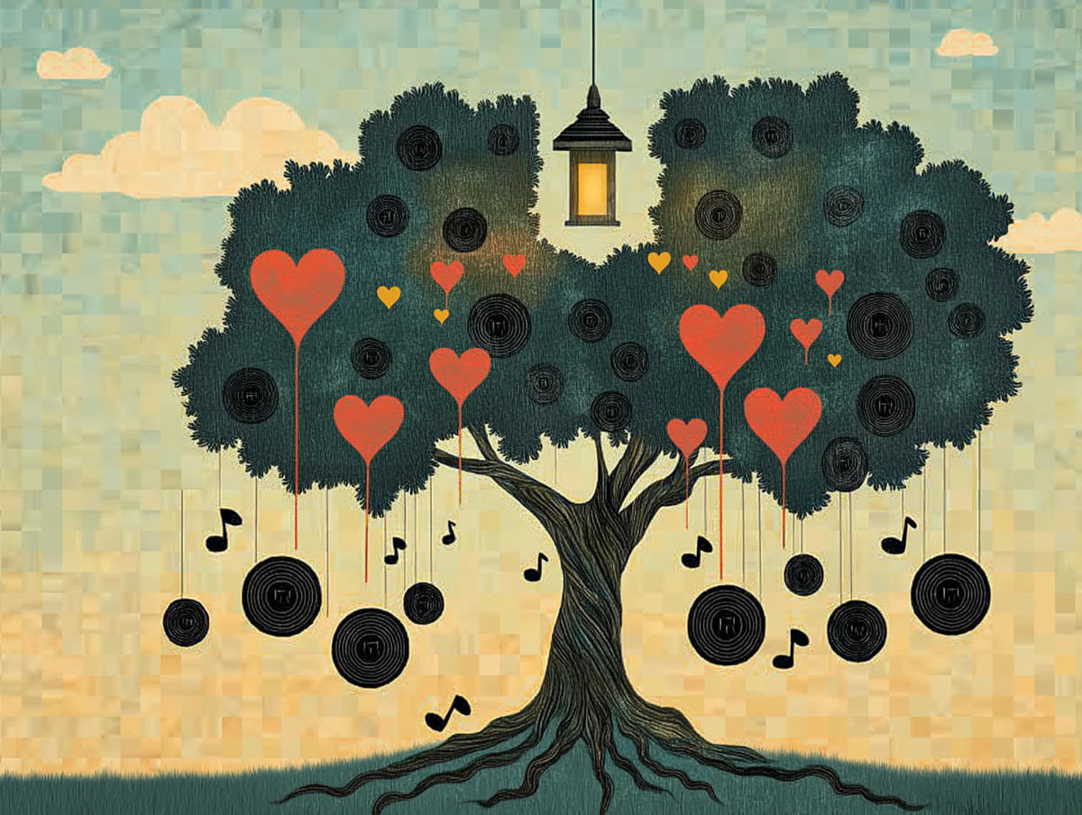 Vinyl Record Tree Mural Wallpaper — Whimsical Folk Art Design Mural Wallpaper - room preview 02