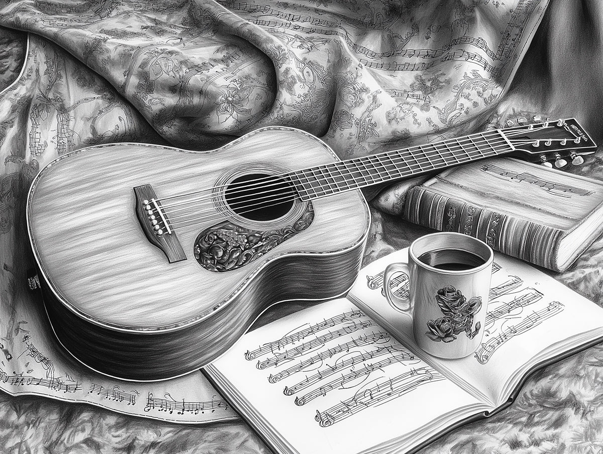 Acoustic Guitar Still Life Mural Wallpaper — Graphite Sketch Art Mural Wallpaper - room preview 02