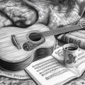 Acoustic Guitar Still Life Mural Wallpaper — Graphite Sketch Art Mural Wallpaper - room preview 02