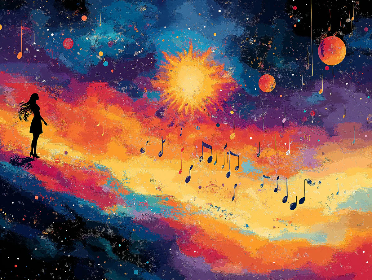 Celestial Melody Mural Wallpaper — Vibrant Cosmic Silhouette Design Mural Wallpaper - room preview 02