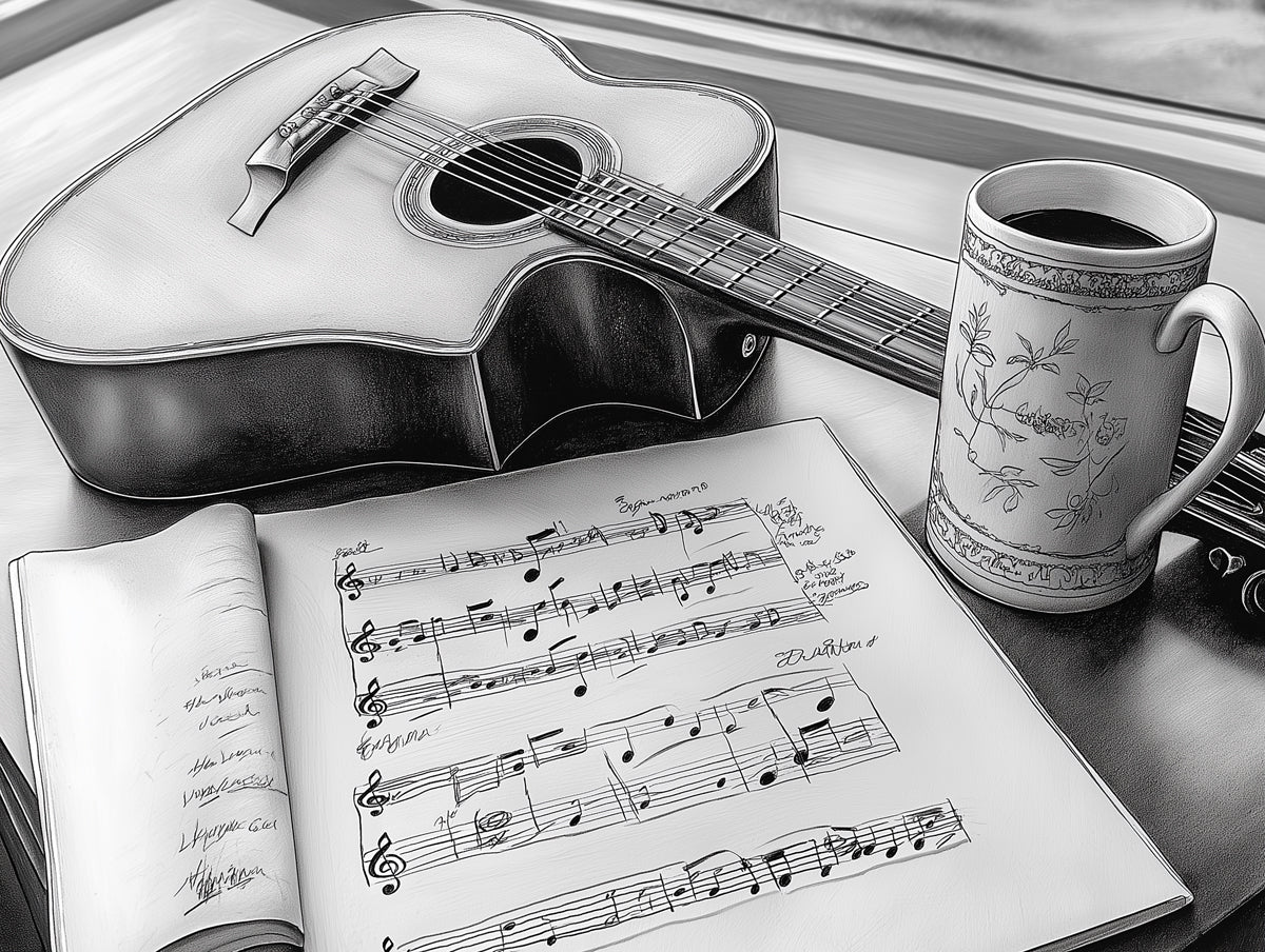 Acoustic Guitar and Sheet Music Mural Wallpaper — Monochromatic Art Mural Wallpaper - room preview 02