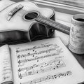 Acoustic Guitar and Sheet Music Mural Wallpaper — Monochromatic Art Mural Wallpaper - room preview 02