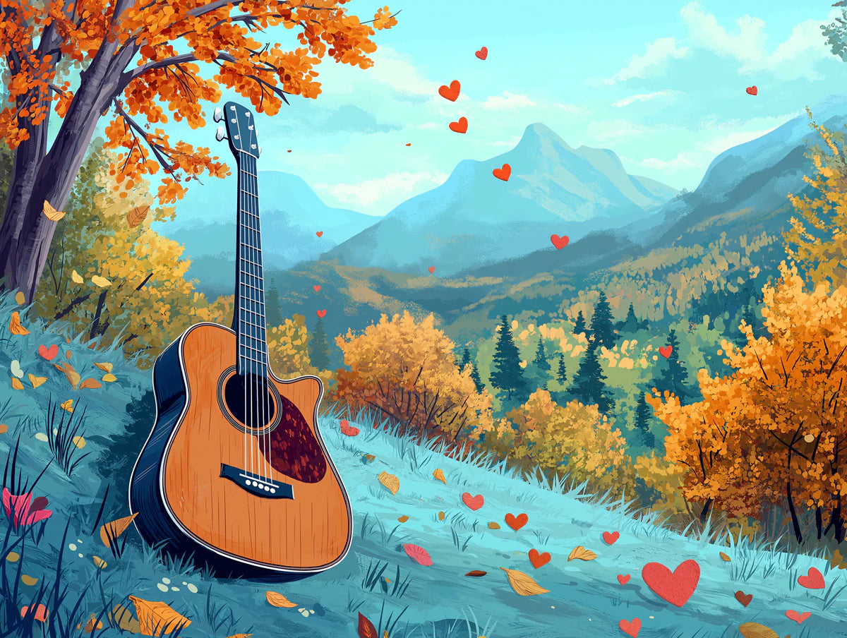 Autumn Acoustic Guitar Mural Wallpaper — Artistic Mountain Scene Mural Wallpaper - room preview 02