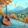 Autumn Acoustic Guitar Mural Wallpaper — Artistic Mountain Scene Mural Wallpaper - room preview 02