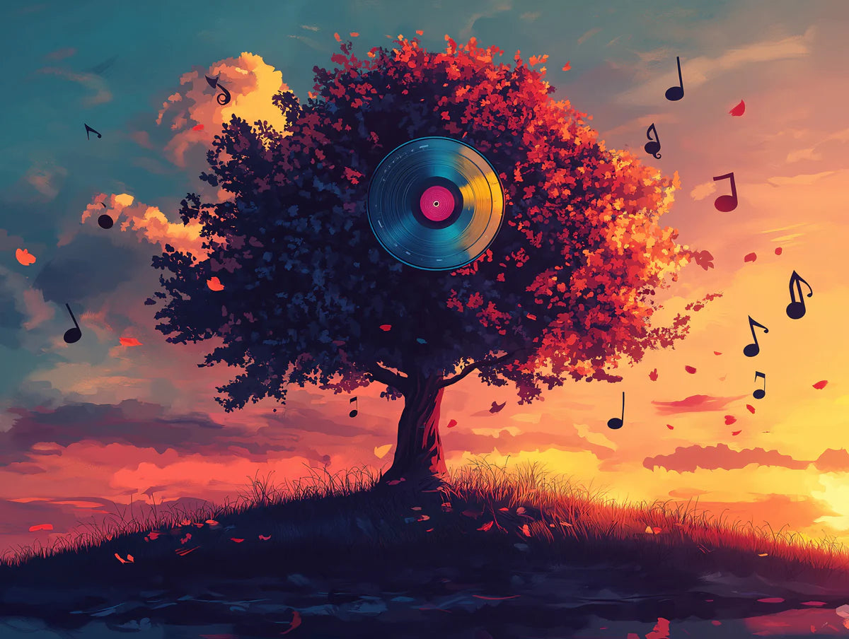 Autumn Melody Tree Mural Wallpaper — Artistic Sunset Scene Mural Wallpaper - room preview 02