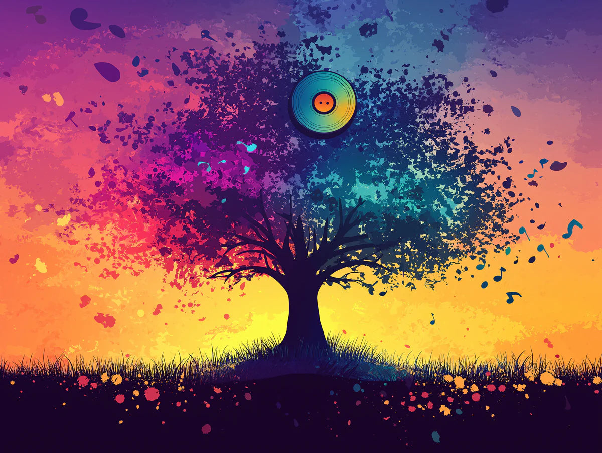Vinyl Record Tree Mural Wallpaper — Vibrant Abstract Art Mural Wallpaper - room preview 02