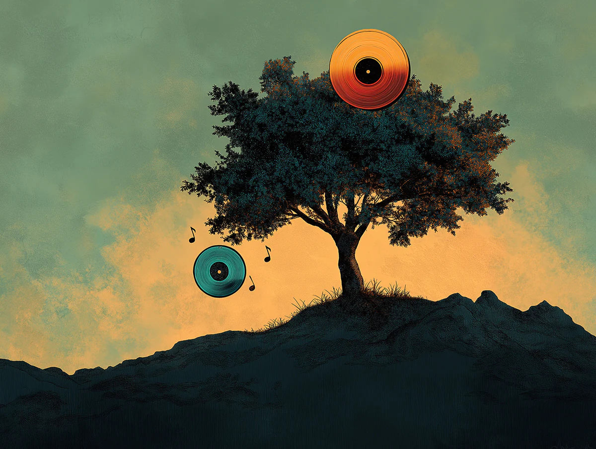 Vinyl Hilltop Sunset Mural Wallpaper — Artistic Musical Motif Mural Wallpaper - room preview 02